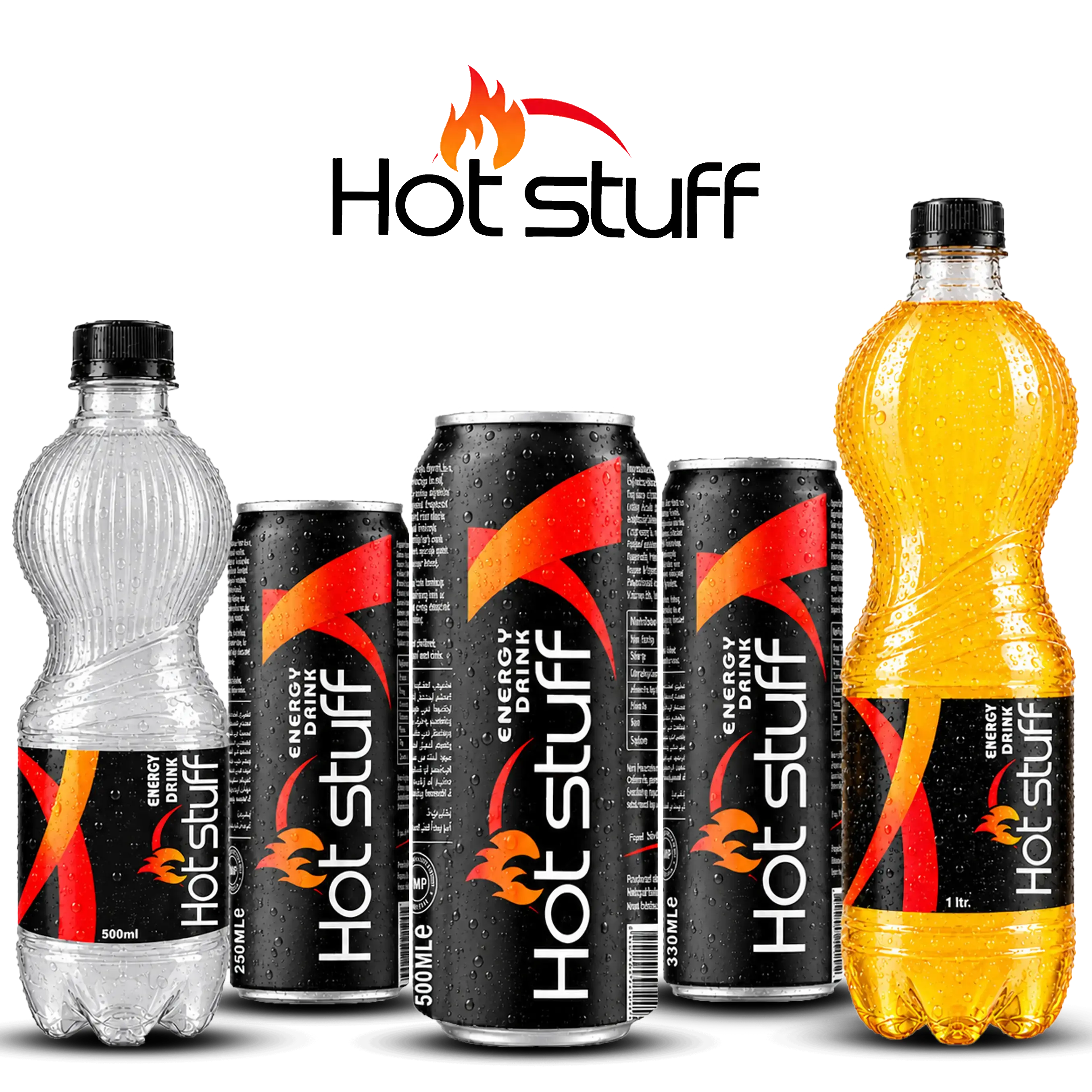 Hot Stuff 250ml energy drink cans in black and red packaging displayed with the Hot Stuff logo.